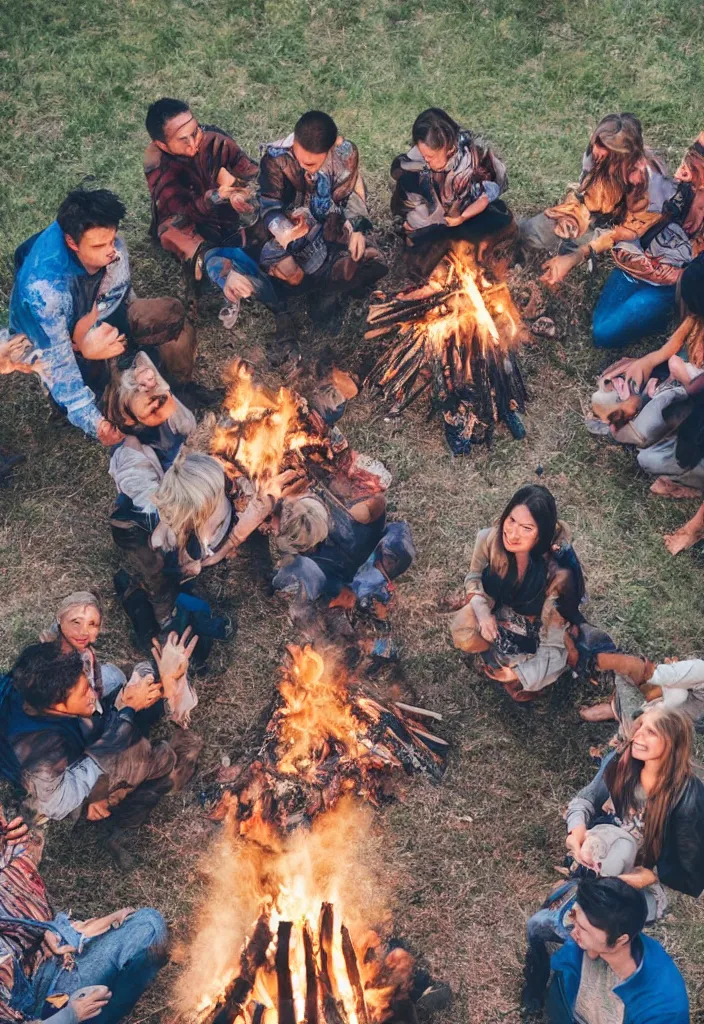 Prompt: realistic tribe gather around a bonfire with a pregnant woman as her leader, intense blue eyes, sharp, photography, antartic night, aerial race