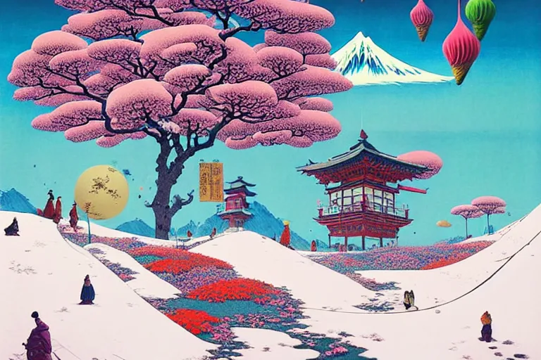 Prompt: surreal glimpse into other universe, himalaya with snow ice cream, summer morning, very coherent and colorful high contrast, art by!!!! gediminas pranckevicius!!!!, geof darrow, floralpunk ukiyo - e woodblock, dark shadows, hard lighting