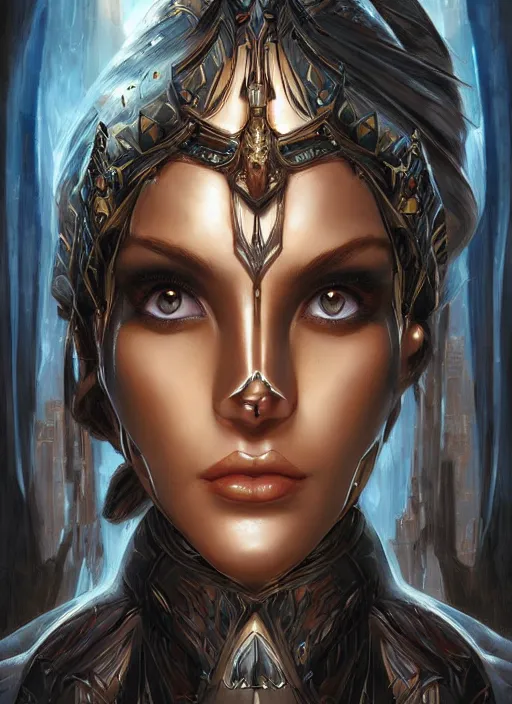 Prompt: a highly detailed symmetrical painting of a female model fantasy amazon with piercing beautiful eyes, trending art by artgerm and karol bak and mark brooks