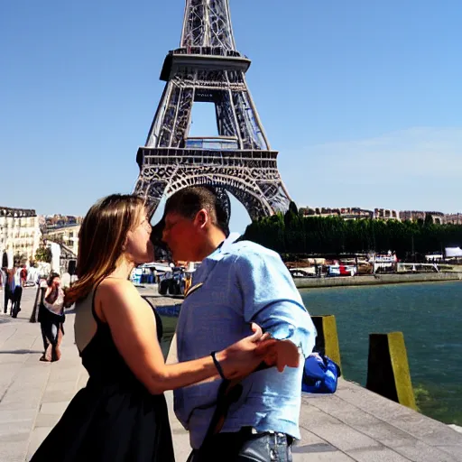 Image similar to a woman slaps a man on the cheek, effeil tower in the background