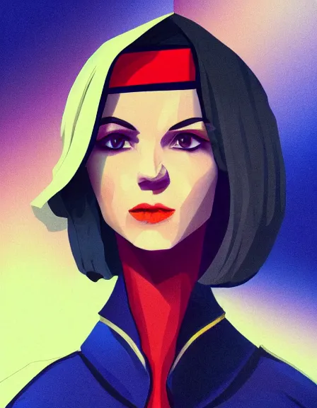 Prompt: smart female pirate captain 2 6 years old, bob haircut, fully clothed, wise, beautiful, portrait by stanley artgerm, dramatic lighting, trending on artstation, flat colour, geometric curves, gradient filter, red and purple and yellow back light, art deco pattern, sharp focus