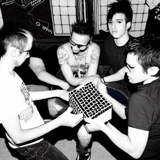 Prompt: Disposable camera picture of punk rockers trying to solve a Rubiks cube