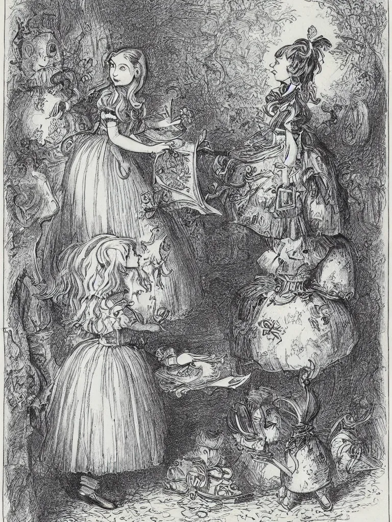 Image similar to Tenniel illustration portrait of Alice, walking in wonderland