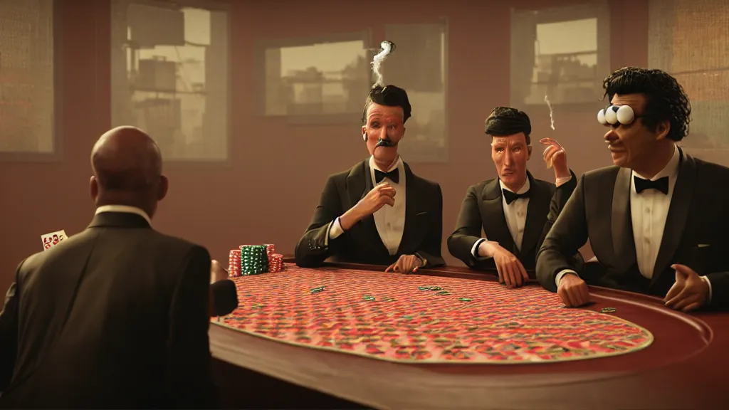 Image similar to hyperrealism simulation highly detailed human turtles'wearing detailed tuxedos and smoking, playing poker in sitcom scene from cyberpunk movie from future by wes anderson and denis villeneuve and mike winkelmann rendered in blender and octane render