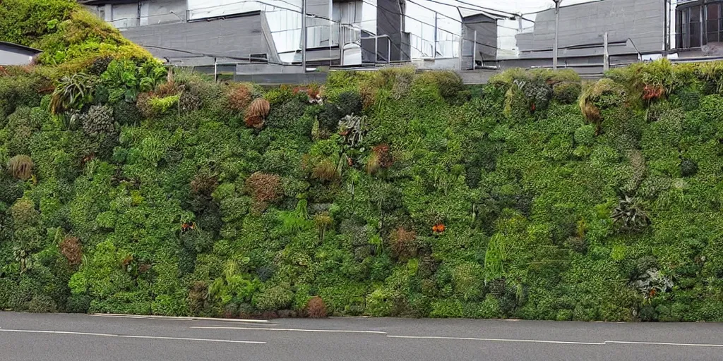 Prompt: lampton quay, wellington city, new zealand where the building walls are covered in living walls made of nz endemic plants. rainy windy day. google street view