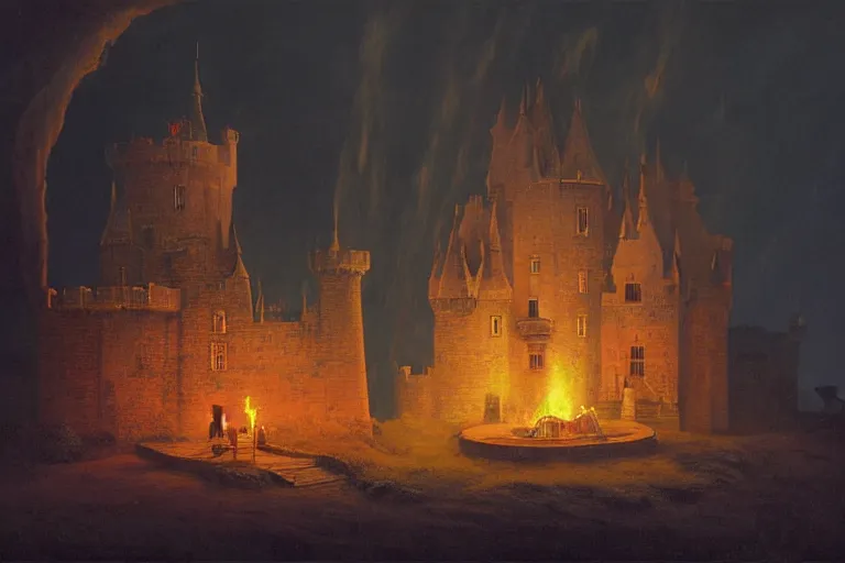 Image similar to a castle at night being lit up by the fire of a dragon, Les Edwards, Zdzislaw Beksinski, Carl Gustav Carus, John Harris, Michal Karcz, Zhang Kechun, Mikko Lagerstedt, Scott Listfield, Steven Outram, Jessica Rossier