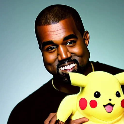 Image similar to kanye west smiling holding pikachu for a 1 9 9 0 s sitcom tv show, studio photograph, portrait c 1 2. 0