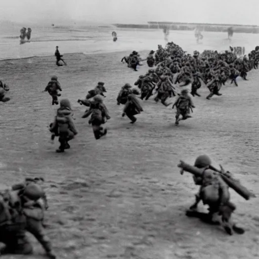 Prompt: the minions storming the omaha beach on d - day