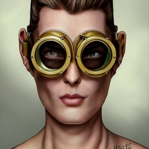 Prompt: anxious awkward tattooed muscular stoic strong sturdy handsome blonde butch emotionless woman engineer, with very short slicked - back hair, wearing victorian brass goggles, wearing white and gold jumpsuit with gloves, highly detailed, digital painting, artstation, concept art, matte, sharp focus, illustration, art by artgerm and greg rutkowski - - ar 6 : 1 8