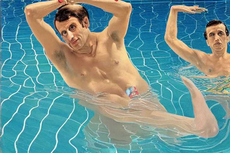 Image similar to emmanuel macron underwater swimming in a pool in california house, wearing small speedo, water is shimmering, by david hockney, peter doig, lucien freud, francis bacon, bouguereau, norman rockwell, pop surrealism