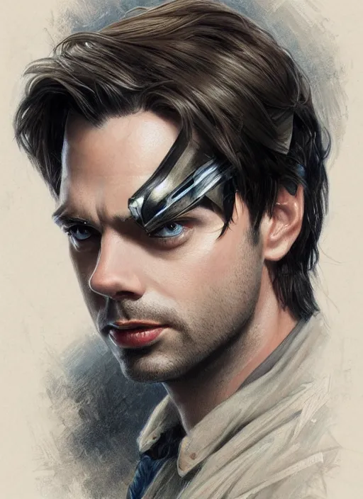 Image similar to beautiful head and shoulders portrait of bucky barnes, casual clothing, intricate, elegant, highly detailed, digital painting, beautiful highly detailed face, artstation, concept art, smooth, sharp, focus, illustration, art by artgerm and greg rutkowski and alphonse mucha