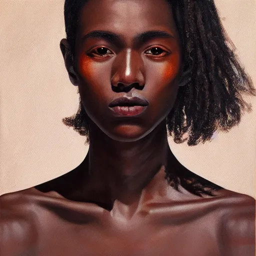Prompt: A portrait of a skinny trendy and gorgeous non-binary person, dark skin tone, Asian, oil painting, majestic, detailed, high resolution