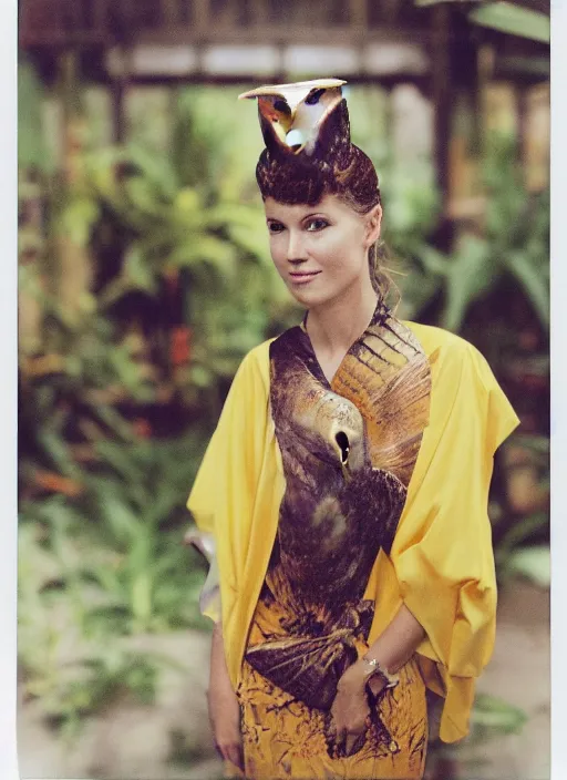 Image similar to grainy head to shoulder portrait Polaroid film photograph of an elegant top model wearing a yellow kimono with a very detailed barn owl on her shoulder!!! in a tropical greenhouse. looking at the camera!!. super resolution. Extremely detailed. Polaroid 600 film. art by James Gurney.