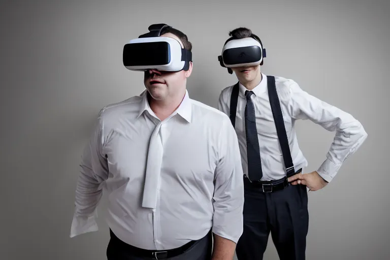 Image similar to clean - shaven chubby white man wearing white dress shirt, necktie, and dress pants wearing a vr headset. he look mesmerized. iq 4, f / 1. 4, iso 2 0 0, 1 / 1 6 0 s, 8 k, raw, dramatic lighting, symmetrical balance, in - frame