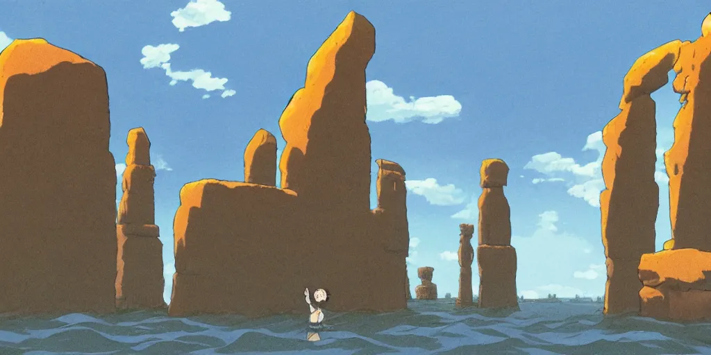 Prompt: a realistic cell - shaded studio ghibli concept art from paprika ( 2 0 0 6 ) of an aquatic ape from close encounters of the third kind ( 1 9 7 7 ) in a flooded monument valley stonehenge. very dull colors, wide shot, hd, 4 k, hq