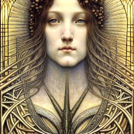 Image similar to detailed realistic beautiful young medieval queen face portrait by jean delville, gustave dore and marco mazzoni, art nouveau, symbolist, visionary, gothic, pre - raphaelite. horizontal symmetry