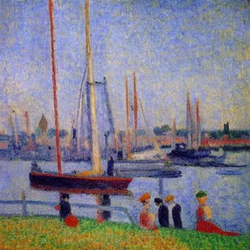 Image similar to vlaardingen harbor, oil painting by seurat, monet, modigliani, renoir