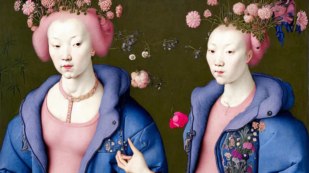 Image similar to portrait of a woman with pink hair buns, wearing a blue puffer jacket and baggy jeans, standing in a room full of plants and flowers, white background, intricate details, high detail, in the style of rogier van der weyden and jacopo da pontormo, punk, asian art,