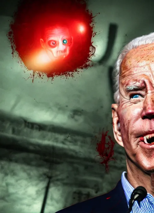 Image similar to hyper realistic ultra realistic horror terror dimensional photo furious glowing red eyes biden, high quality photo, detailed , 8k