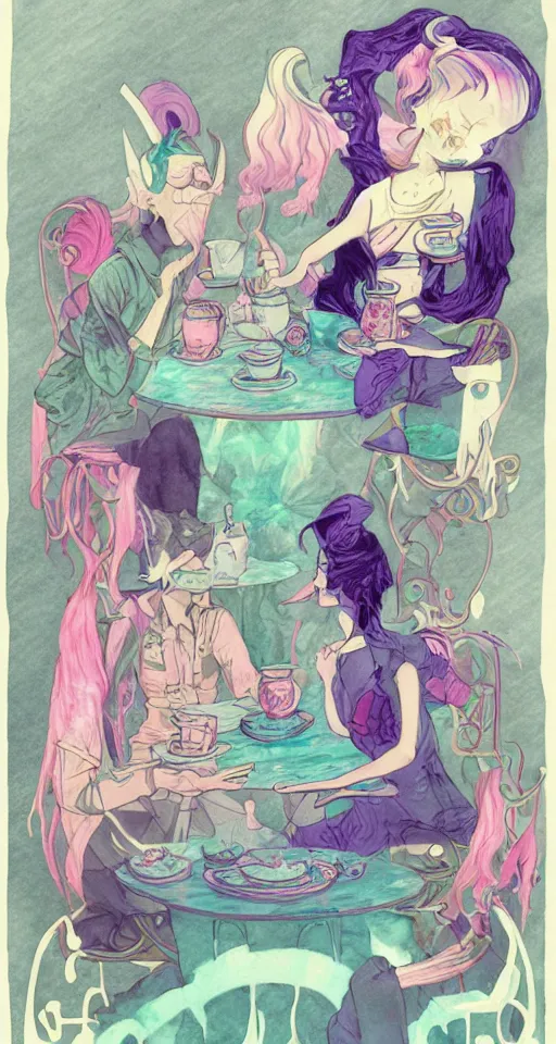 Image similar to soldier of chaos, mischief and beauty having tea alone at a table in a pastel fantasy land, surreal, glitched watercolor, chromatic abberation, trending on artstation, in the style of james jean feint, inspired by art nouveau
