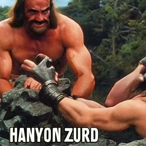 Prompt: zardoz arm wrestling rambo in heaven