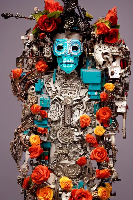 Image similar to full-body cyberpunk style sculpture of a young handsome Aztec prince half android with a chest opening exposing sparked circuitry, exposed motherboard, glowing red eyes, crown of white roses, flowing teal-colored silk, fabric, flowers. baroque elements, human skull. full-length view. baroque element. intricate artwork by caravaggio. many many birds birds on background. Trending on artstation, octane render, cinematic lighting from the right, hyper realism, octane render, 8k, depth of field, 3D