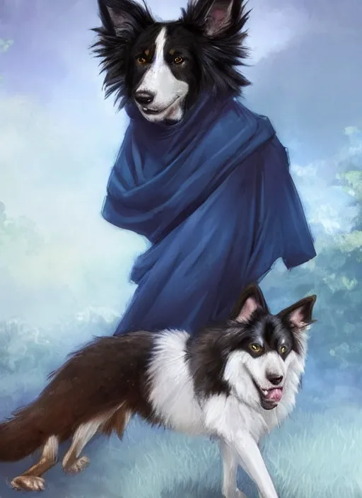 Image similar to wide angle beautiful full body portrait of a cute male anthropomorphic anthro border collie fursona wearing indigo robes in a park, character design by charlie bowater, henry asencio, and ross tran, disney, anime, scenic background, detailed, glamor pose, aesthetic, trending on artstation, furaffinity, deviantart