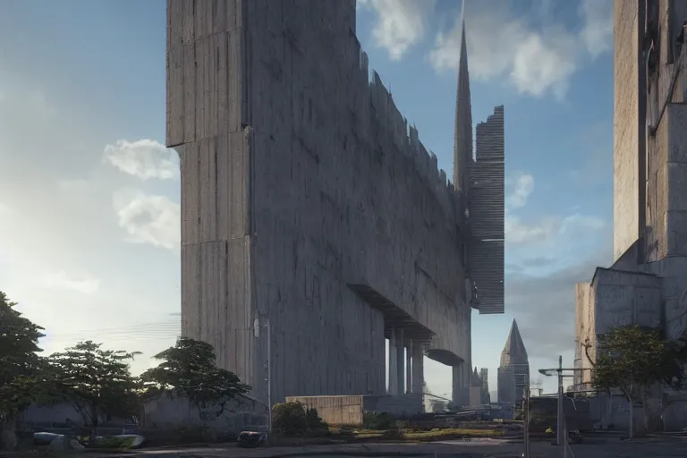 Image similar to streetscape, a towering cathedral of brutalist architecture, buildings covered with greebles, stunning volumetric light, sunset, metal, concrete and translucent material, stunning skies, majestic landscape, trending on Artstation, 8k, photorealistic, hyper detailed, unreal engine 5, IMAX quality, cinematic, epic lighting, in the style of Greg Rutkowski