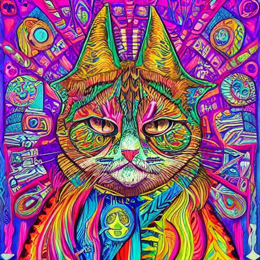 Image similar to portrait of a wizard by louis wain, psychadelic art, bright colours, geometric, intricate, highly detailed, fantasy art, trending on artstation