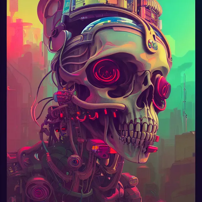 Prompt: a beautiful painting of a ( cyberpunk ) skull by simon stalenhag and pascal blanche and alphonse mucha and nekro and josan gonzalez. in style of digital art. colorful comic, film noirs, symmetry, brush stroke, vibrating colors, hyper detailed. octane render. trending on artstation