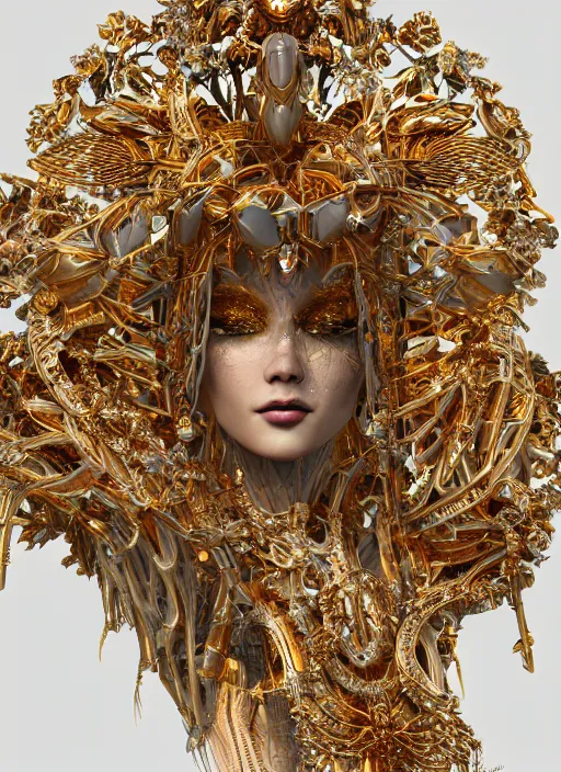 Image similar to beauteous sumptuous goddess, crystal, gold, copper, bronze biomechanical with incredible iridescent pearlescent voluminous fluorescent neon indirect soft glow cinematic lighting, crystalline masterpiece incrustations, hyperdetailed features, movie still, intricate, octane render, cinematic forest lighting, unreal engine, crepuscular rays, god rays