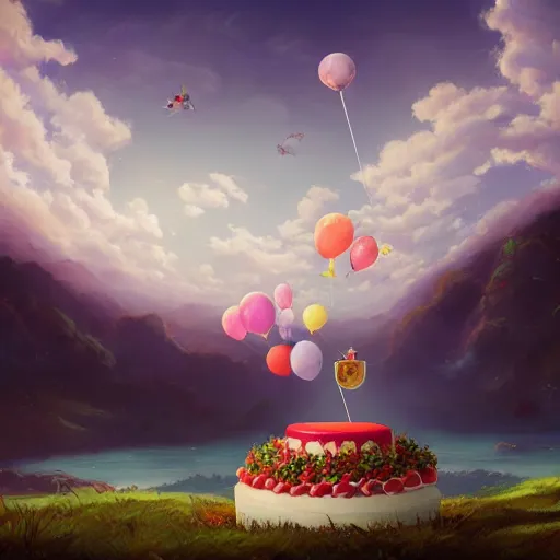 Image similar to a giant floating cake, with plenty of floating birthday balloons above a beautiful landscape. digital art, highly - detailed, artstation cgsociety masterpiece