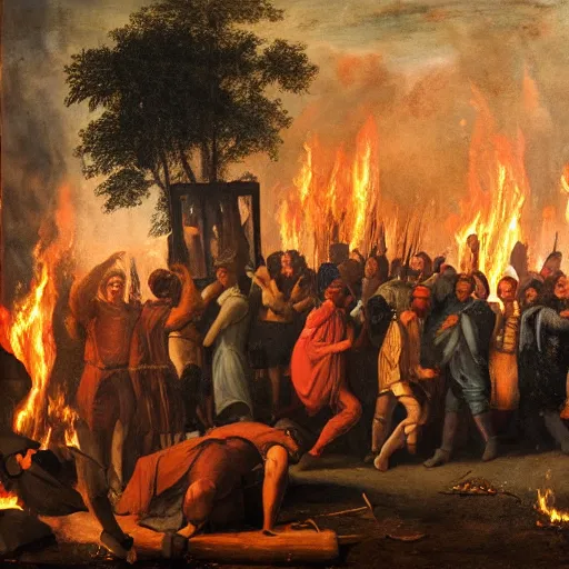 Image similar to the burning of the third precinct in Minneapolis, a Renaissance painting