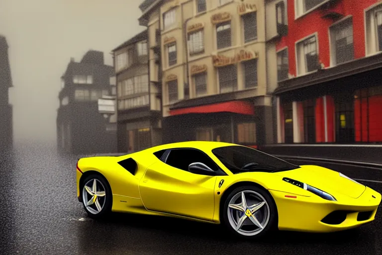 Image similar to a yellow ferrari, dynamic, on a wet london street, raining, clouwdy atmosphere, wide shot, photorealism, some reflexions, canon 5 d, studio ghibli, pixar and disney animation, sharp, very detailed, high resolution, rendered in unreal engine 5, anime key art by greg rutkowski, overcast lighting, dark