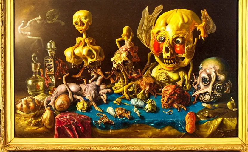 Prompt: disturbing colorful oil painting dutch golden age vanitas still life with bizarre humanoid faces strange objects shiney gooey surfaces shiny metal bizarre insects rachel ruysch dali todd schorr very detailed perfect composition rule of thirds masterpiece canon 5 0 mm, cinematic lighting, photography, retro, film, kodachrome