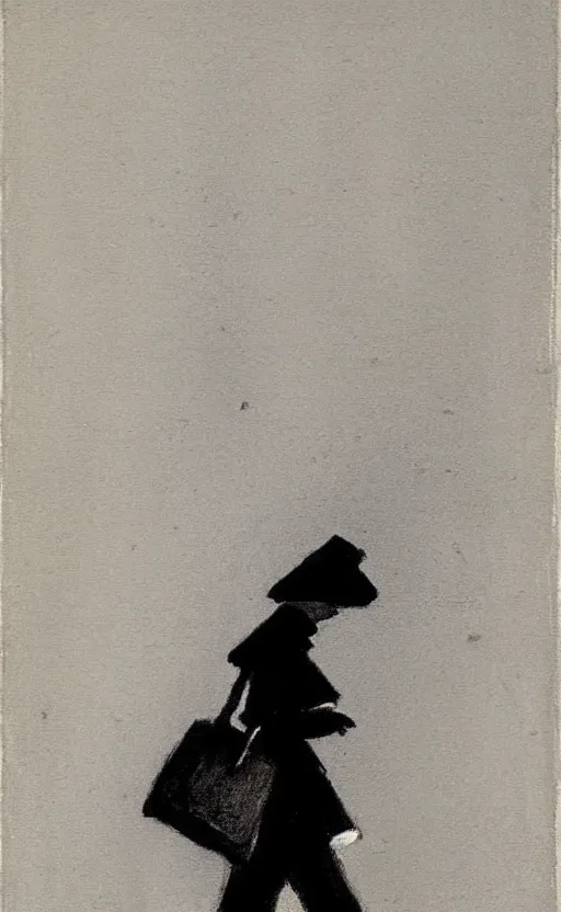 Image similar to black and white silhouette drawing of a person walking, white background by stanhope forbes