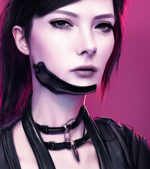 Image similar to detailed realistic female character cyberpunk wearing thick tight collar around neck, realistic, art, beautiful, 4K, collar, choker, collar around neck, punk, artstation, detailed, female, woman, choker, cyberpunk, neon, punk, collar, choker, collar around neck, thick collar, tight around neck, punk,
