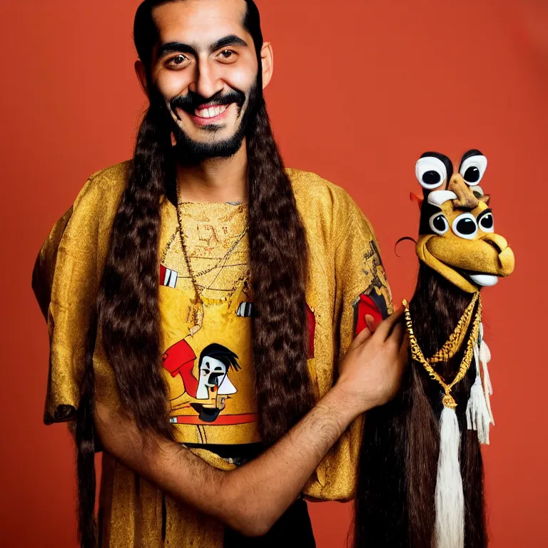 Prompt: A photo of Emperor Kuzco!!!!!!!!!!!!!!!! in his early 20s, with his long hair, his facial hair shaved, smiling with confidence, and wearing!!! his emperor clothes. Portrait by Terry Richardson. Golden hour. 8K. UHD. Bokeh.