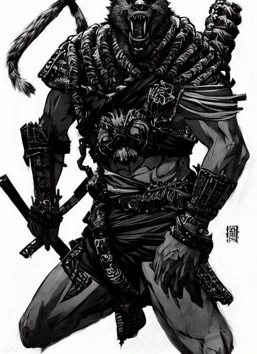 Image similar to Full body portrait of a scarred gnoll with ornate shinobi apparel. In style of Yoji Shinkawa and Hyung-tae Kim, trending on ArtStation, dark fantasy, great composition, concept art, highly detailed, dynamic pose.