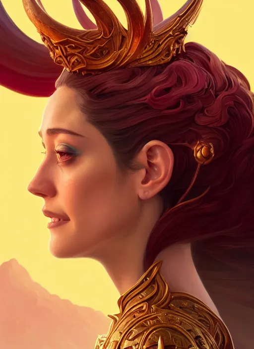 Prompt: 3 / 4 side profile centered painted portrait, emmy rossum as dragon queen, d & d, gloomhaven, matte painting concept art, art nouveau, beautifully backlit, swirly vibrant color lines, fantastically gaudy, aesthetic octane render, 8 k hd resolution, by ilya kuvshinov and cushart krent and gilleard james