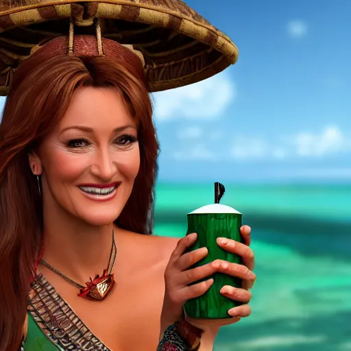 Image similar to a photorealistic photograph of a Trader Vic's tiki mug featuring Jane Seymour at a Tiki bar daybreak- Trending on Artstation, featured on Behance, well-rendered, Unreal Engine, 4K HD