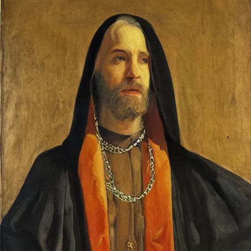 Image similar to a man wearing a long cloak and hood, holding golden chains, oil painting, portrait, high detail