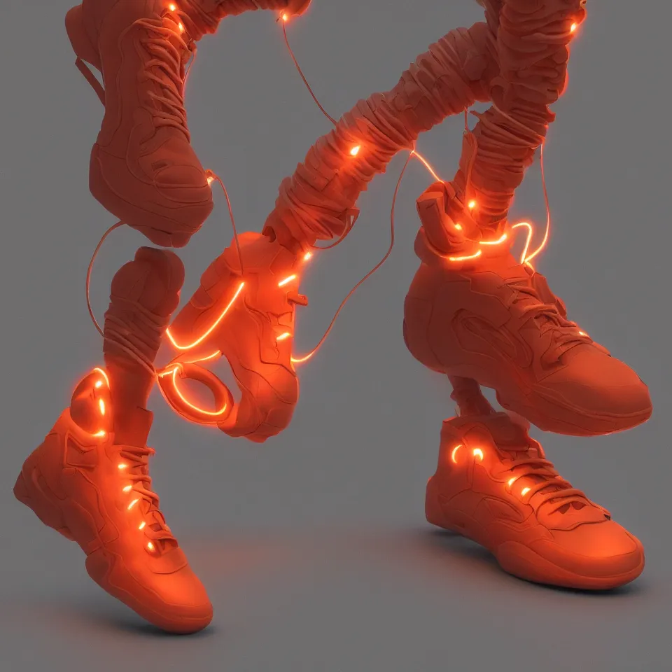 Image similar to realistic 8 k sculpture of 1 futuristic sneaker with neon illuminated rubber soles and soft orange laces on a grey surface, clean 3 d render, beautiful studio lighting, soft, sharp focus, cyberpunk, intricate detail, gold and red accents, soft rubber, octane render, trending on artstation, deviantart, art by syd mead