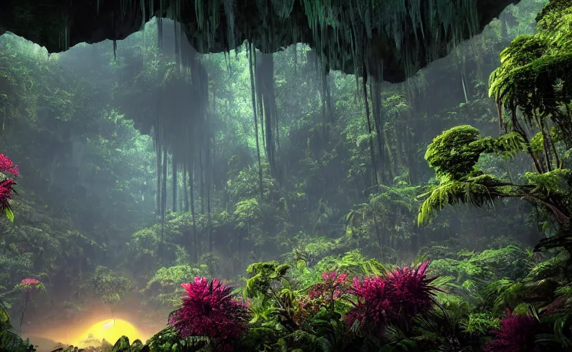 Image similar to a beautiful render of a dark prehistoric rainforest in a humongous cave, lush flora, patches of sky, magenta flowers, sunset, floating mountains and a waterfall in the background, intricate detail, hazy, humid, volumetric lighting, 8 k, photorealistic, raytracing effects, unreal engine 5