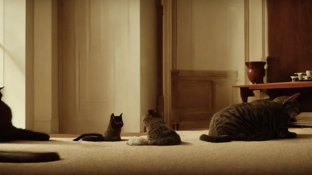 Image similar to an average american cat in the living room, film still from the movie directed by Denis Villeneuve with art direction by Salvador Dalí, wide lens