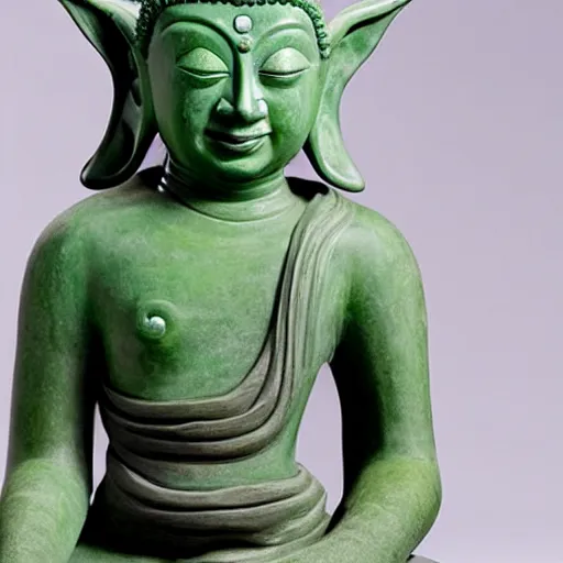 Image similar to half - length portrait of a life - sized elaborate jade sculpture of buddha reimagined as yoda