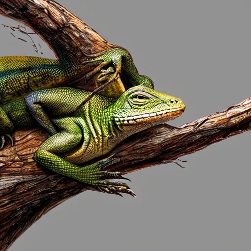 Prompt: lizard resting atop a tree branch, extreme detail, trending on artstation, art by yakovlev