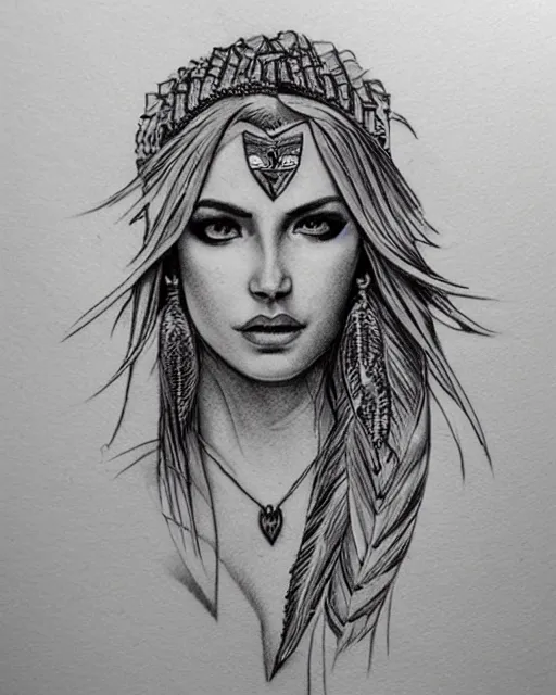 Image similar to tattoo sketch of beautiful greek goddess aphrodite with arrowhead earrings, beautiful feather jewelry, beautiful piercing eyes, flowing blonde hair, realistic face, hyper realistic, in the style of greg rutkowski, fantasy, amazing detail, epic, elegant, smooth, sharp focus, from the front