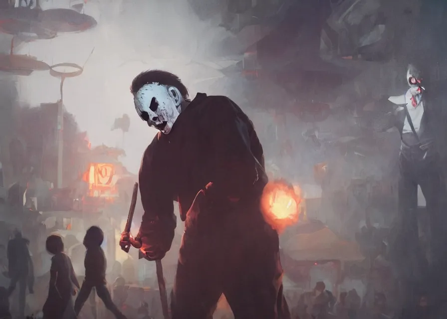 Image similar to painting of Michael Myers having fun at a traveling carnival, sharp focus, face focused, trending on ArtStation, masterpiece, by Greg Rutkowski, by Ross Tran, by Fenghua Zhong, octane, soft render, oil on canvas, high contrast, cinematic