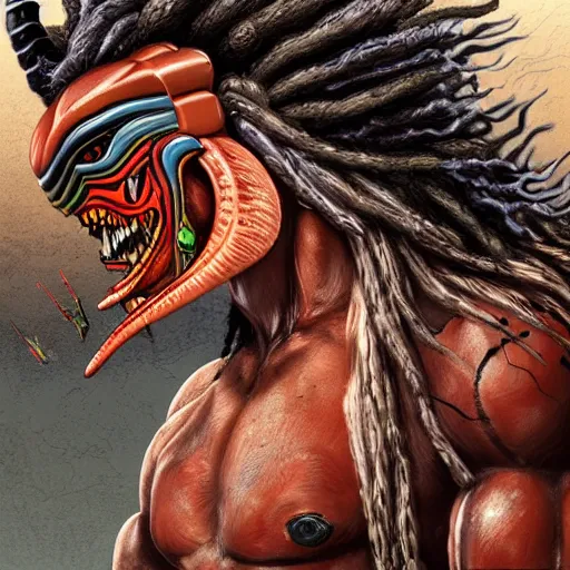 Prompt: digital paint of The Predator in ancient Japan, trending on Artstation, hyperdetailed, dreadlocks